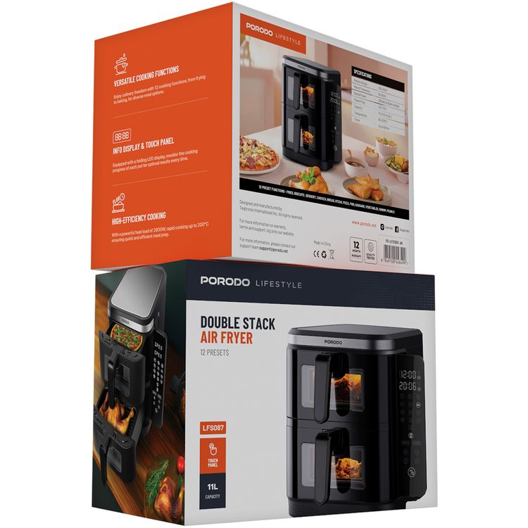 Porodo Lifestyle Double Stack Air Fryer, 11L Capacity, 2800W Power, 220-240V Voltage, 50-60Hz Frequency, 12 Presets, Touch Control - Black