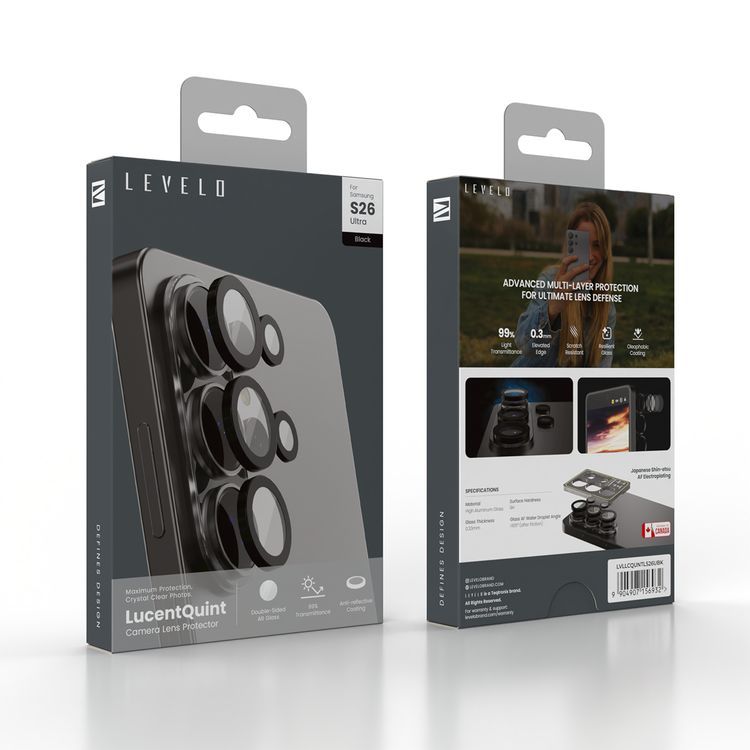 Levelo Lucentquint Camera Lens Protector with Anti-reflective Coating, Samsung Galaxy S26 Ultra Devices Compatibility, 99% Light Transmittance, Durable-Sided AR Glass, Oleophobic Coating, Resilient Glass, Scratch Resistance, 0.3mm Elevated Edge, 0.3mm Elevated Edge - Black