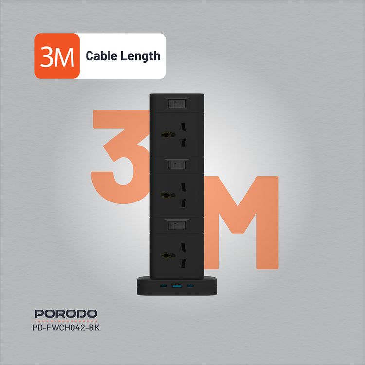 Porodo Three-Story Power Hub with USB-C PD & Quick Charge 3.0, Built-in Safeguards, 3m Cable Length, 12 AC Sockets, PC Material - Black