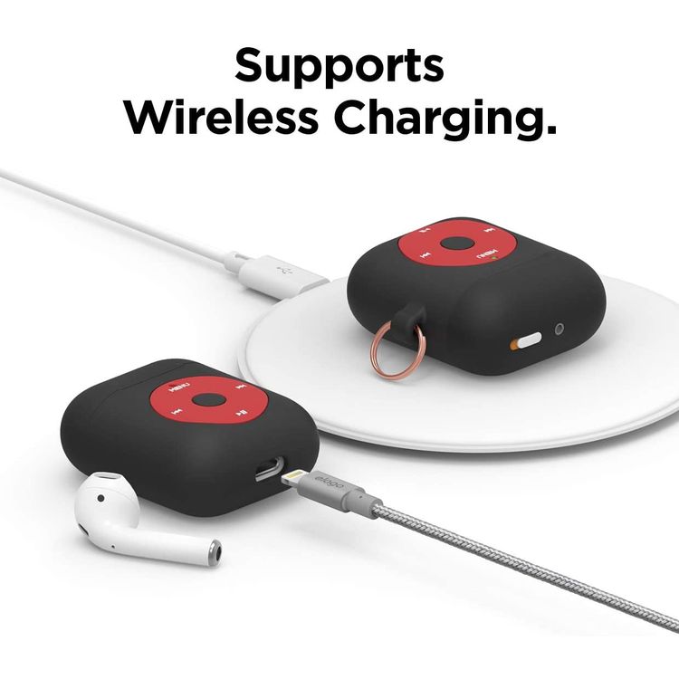 Elago AW6 Hang Case Designed with Anti-Lost Carabiner Compatible for Apple AirPods  1 & 2 Generation, Classic Music Player Design, Supports Wireless Charging, Scratch Resistant
