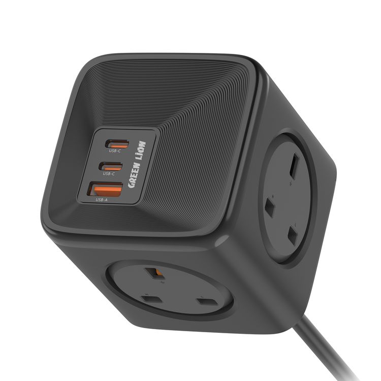 Green Lion 7-in-1 Compact PPS Power Socket with 30W Power Delivery, 1.5m Cable Length, 4 UK Plug Sockets, Universal Compatibility, Flame Retardant PC Material - Black