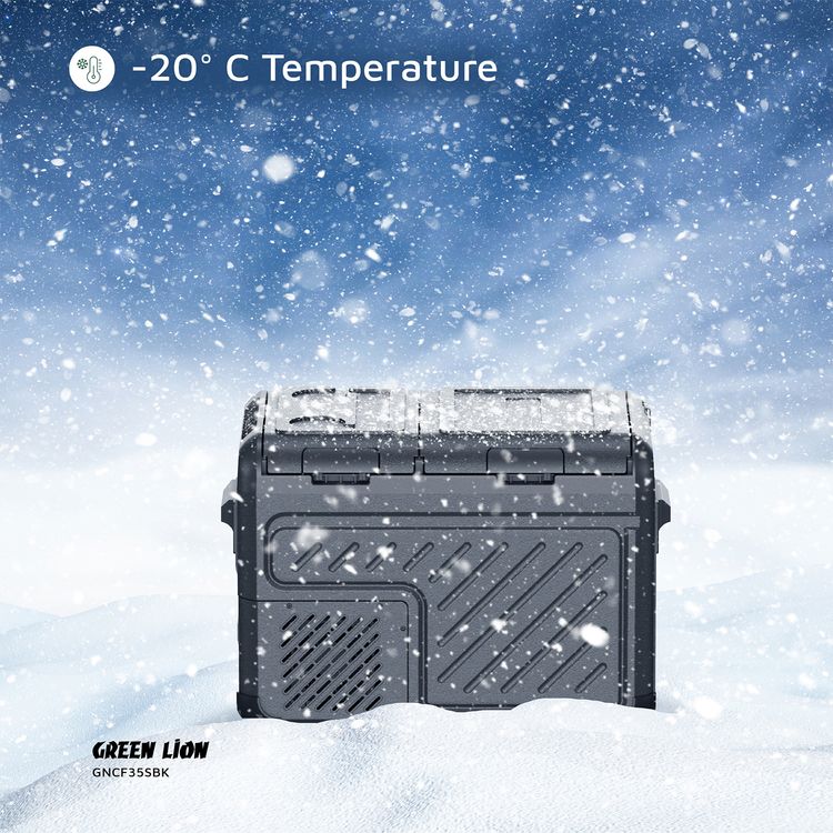 Green Lion GFC-35 Car Fridge with 35L Capacity, Bottle Opener, Touch Control Display & Interior Lights, Dual Power Supply, Child Safety Lock, Two Shelves, Quiet Operation - Black