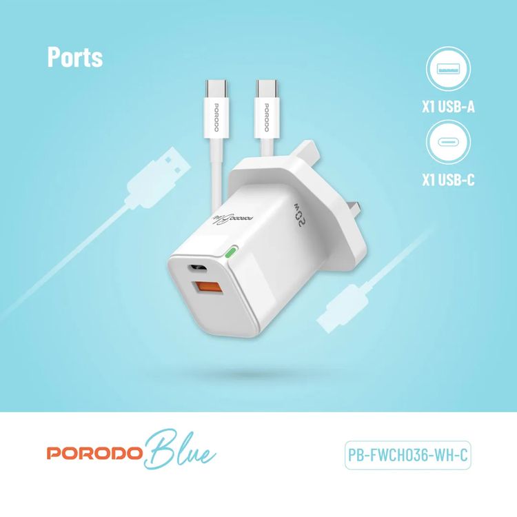 Porodo Blue Ultra-Quick Charger with 1m USB-C to USB-C Cable, USB-A & USB-C Ports, 20W Total Output, 3A Output Current, 5V Output Voltage, Multi-Device Charging, Fast Charge Support - White