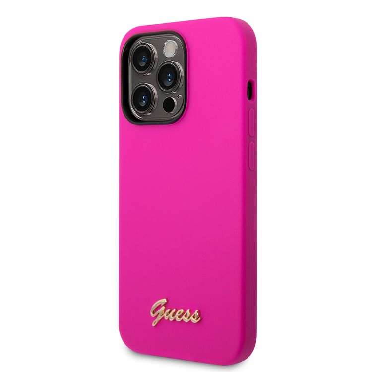 Guess Liquid Silicone Case With PC Camera Outline & Script Metal Logo - iPhone 14 Pro - Fuchsia