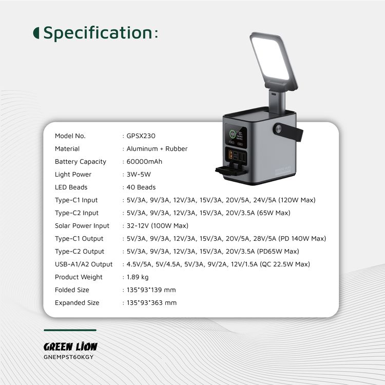 Green Lion Energy Max 60000mAh Power Station with 230W Total Output, Brightness of 700 Lumens, PD 140W, Digital Display, 100W Solar Input, QC 22.5W - Gray
