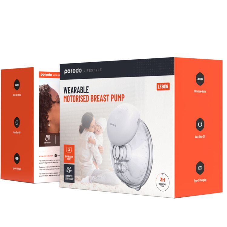 Porodo Lifestyle Wearable Motorized Breast Pump with 180mL Container Capacity, Hands-Free Milk Expression, 3 Hours Working Time, 24mm Flange Size, 1200mAh Battery Capacity - White