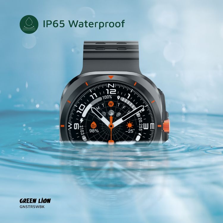Green Lion Strive Smart Watch with 1.52" IPS Display, Bluetooth Version 5.3, IP65 Waterproof, 5 Days Working Time, Health Monitoring, Sport Modes, 150mAh Battery Capacity, Wireless Charging Type, 2-3 Hours Charging Time, LED Torch, Remote Capture - Black