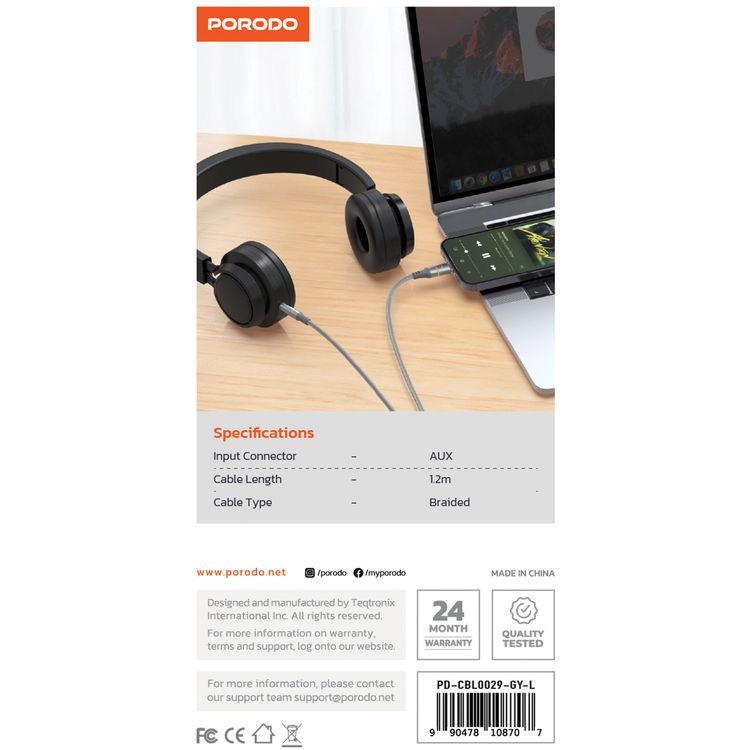 Porodo AUX to Lightning Cable with LED Light, 1.2m Cable Length, Universal Compatibility, Braided Cable Type, Tangle-Free Design - Gray