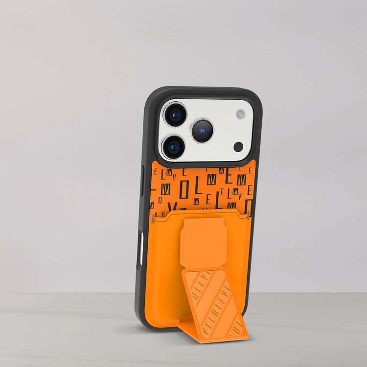 جراب Levelo Morphix GripStand مع حامل البطاقات لجهاز iPhone 17 Pro، تصميم فاخر مطبوع، ممتص للصدمات، حواف مرتفعة لحماية الكاميرا والشاشة، حامل مغناطيسي - لون برتقالي شروق الشمس.