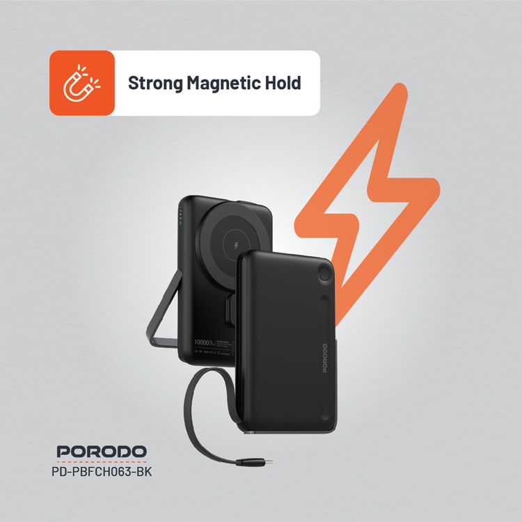 Porodo 10000mAh Power Bank with Built-in Type-C Cable & Stand, Strong Magnetic Hold, 20W Power Delivery, Fast Charging Support, 15W Wireless Output - Black