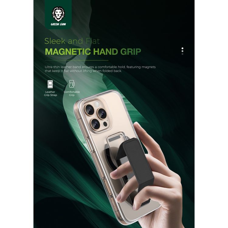 حامل جلدي Green Lion MagSafe لهاتف iPhone 16 Pro Max، شفاف للغاية، حامل قابل للطي، مغناطيس قوي - أسود