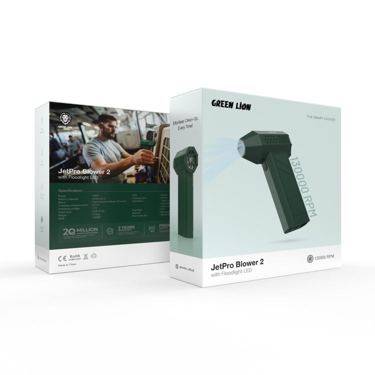 Green Lion JetPro Blower 2 with Floodlight LED, Lightweight, High-speed Brushless 28-motor, 150 W Power Delivery, 3 Hours Charging Time - Dark Green