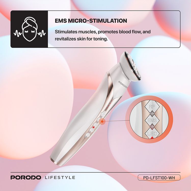 Porodo Lifestyle Vibration Light Therapy Device with EMS Micro-Stimulation, Strong RF Activation, 1450mAh Battery Capacity, 8.5W Power - White