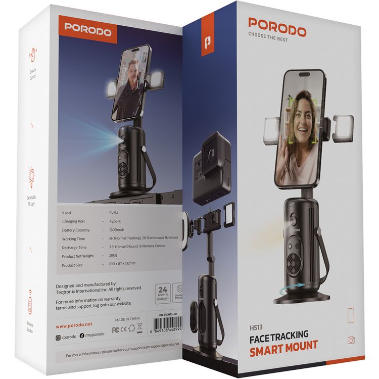 Porodo Face Tracking Smart Mount with Wireless Shutter, Detachable Fill Light, Gesture Control, Lightweight Design, 1800 mAh Battery - Black
