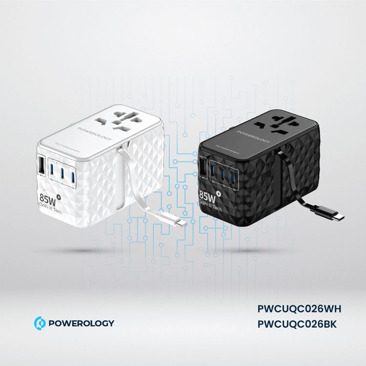 Powerology Universal 85W Super Charger with Retractable Type-C Cable, 70W Power Delivery, GaN Technology, Simultaneous Charging, Spare Fuse Included - White