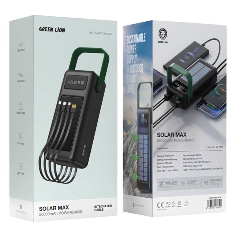 Green Lion Solar Max 80000mAh Powerbank with Digital Display, Solar Charging Panel, Type-C/Micro/Lightening/USB-A Output, lightweight & Portable, 4 Integrated Cables - Black