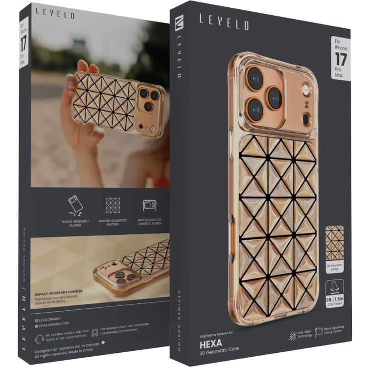 غطاء Levelo Hexa 3D Geometric لهاتف iPhone 17 Pro Max، زوايا مقاومة للصدمات، حواف مرتفعة للكاميرا والشاشة، مصد مقاوم للصدمات، تقنية Ever-Clear، اختبار السقوط - برتقالي