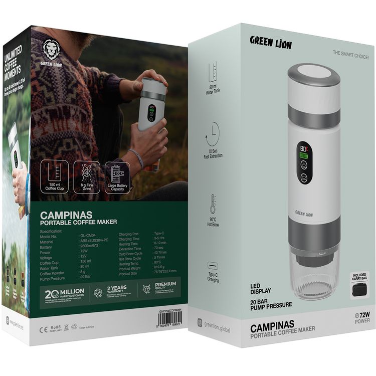 Green Lion Campinas Portable Coffee Maker with 150mL Coffee Cup Capacity, 20 Bar Pump Pressure, 70 Seconds Fast Extraction Time, Carrying Bag Included, 90°C Heating Temperature - White