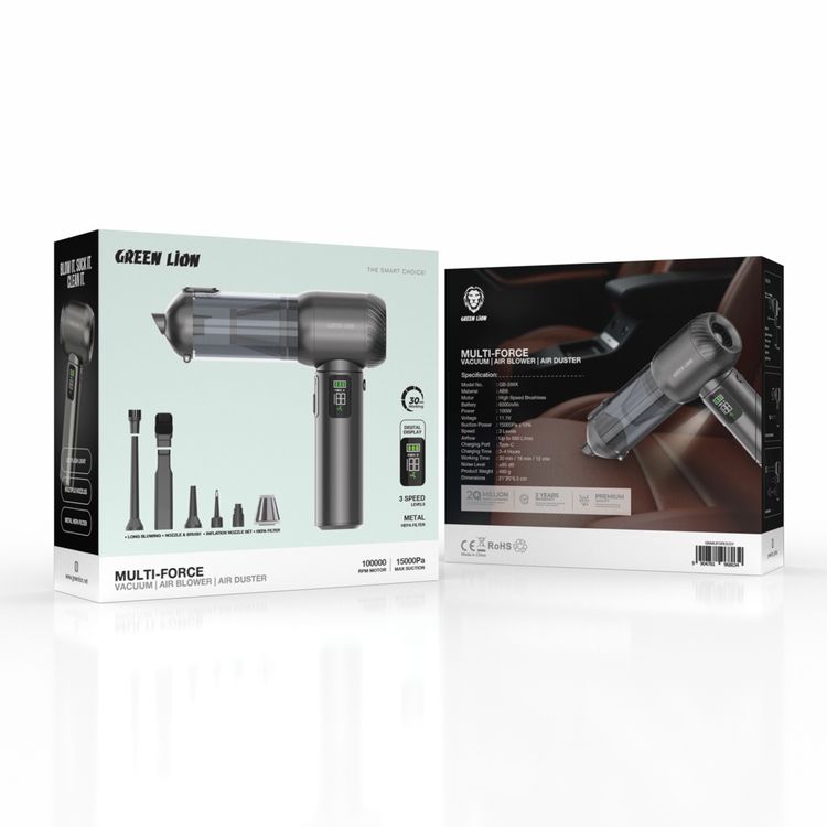 Green Lion Multi-Force Vacuum, Air Blower & Air Duster with Multiple Nozzles, LED Flash Light, 3 Speed Levels, Type-C Charging, Digital Display, Metal Hepa Filter - Gray
