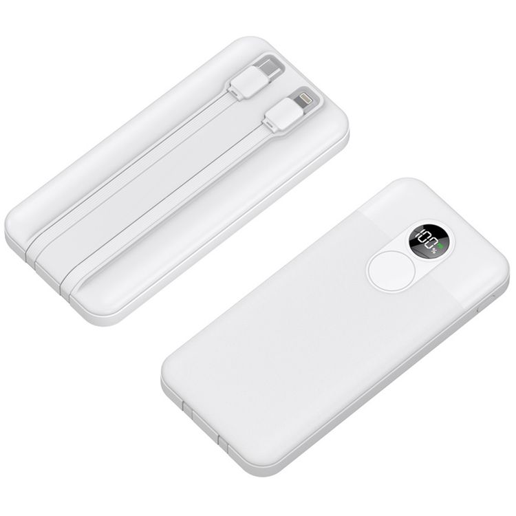 Porodo 10000mAh Power Bank with Built-in Type-C & Lightning Cables, 22.5W Power Delivery, Simultaneous Charging, 0%-60% Charge in 35 Minutes, Digital Display - White