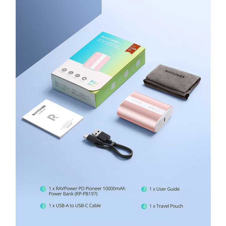 RAVPower 2-Port PD Pioneer Mini Power Bank 10000mAh 18W with Overcharging Protection - QC Fast Charging Portable Charger Powerbank - Compact Size Design - Metallic Pink