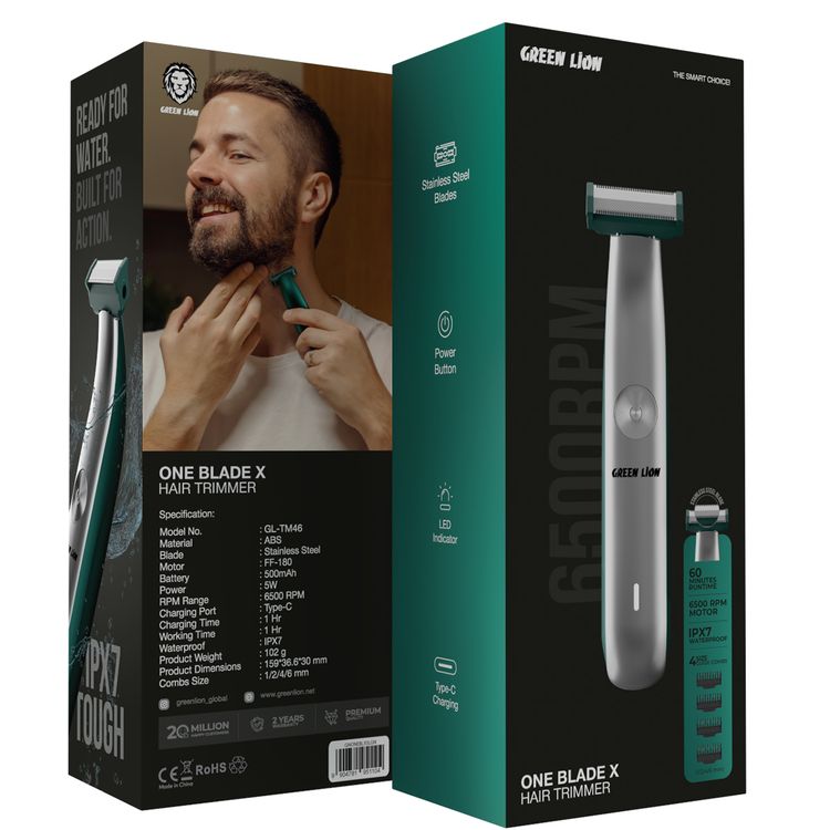 Green Lion One Blade X Hair Trimmer with LED Indicator, Stainless Steel Blade, Power Button, Type-C Charging, 4 Size Guide Combs, 6500RPM Motor - Silver / Green