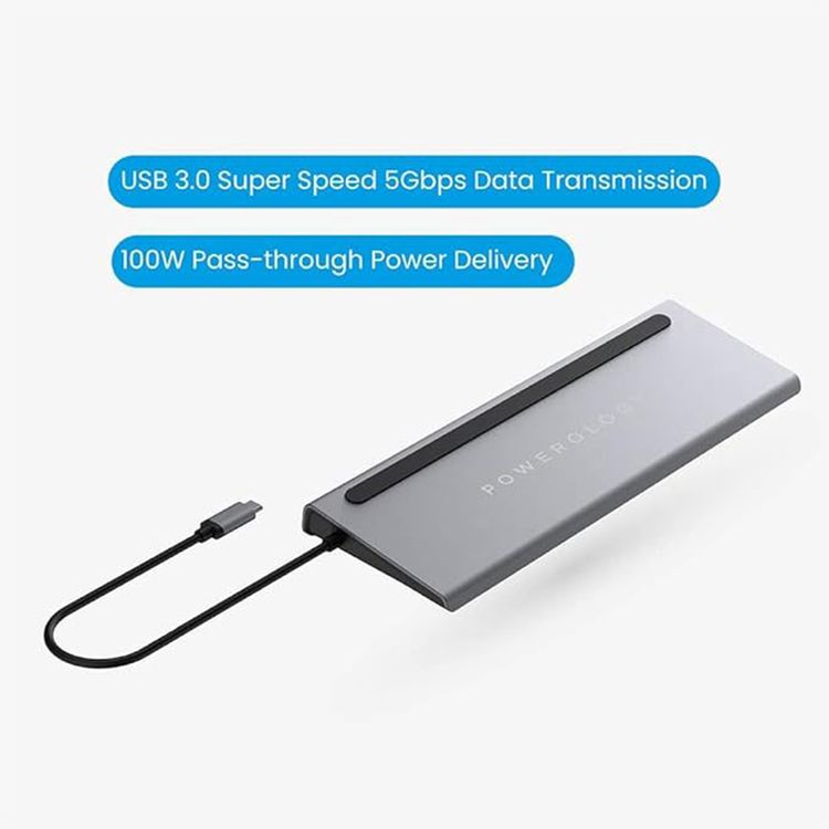 Powerology 11-in-1 Multi-Display USB-C Hub & Laptop Stand with 100W Power Delivery, 5Gbps Data Transmission Speed, Aluminum Shell, Fast Charge & Data Transfer - Gray