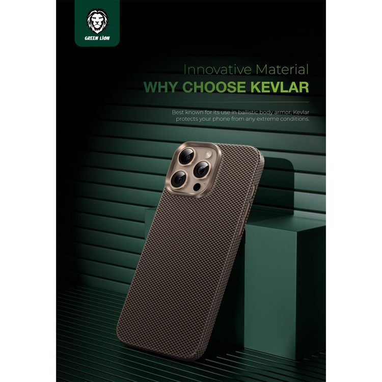 Green Lion Magsafe Kevlar Case for iPhone 16 Pro, Drop Protection, Comfortable Grip, Military Grade Defense, Ultra Slim & Lightweight - Black / Gold