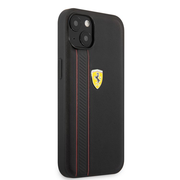 CG MOBILE Ferrari Genuine Leather Hard Case with Debossed Stripes Compatible for iPhone 13 (6.1") Shock & Scratches Resistant, Easy Access to All Ports