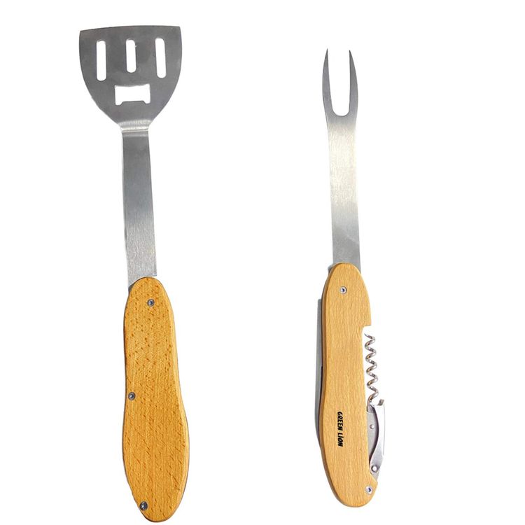 Green Lion Multifunction 5-in-1 BBQ Tool Set with Knife Precision Slice, BBQ Fork Effortless Grip, Corkscrew Seamless Twist, Bottle Opener Instant Pop, BBQ Spatula Flawless Flips, Foldable & Compact, Rust Resistant, Space-Saving Design, Easy to Clean, Camping Friendly, Ergonomic Grip - Wooden