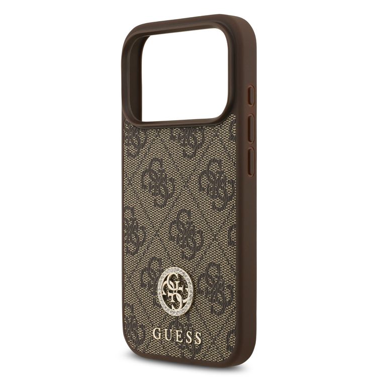 جراب جلد PU بتصميم كلاسيكي وشعار ستراس من Guess لهاتف iPhone 17 Pro مع خاصية MagSafe، تصميم خفيف الوزن، حماية من السقوط، سهل التركيب، بملف نحيف، تغليف مستدام، قبضة مريحة - بني