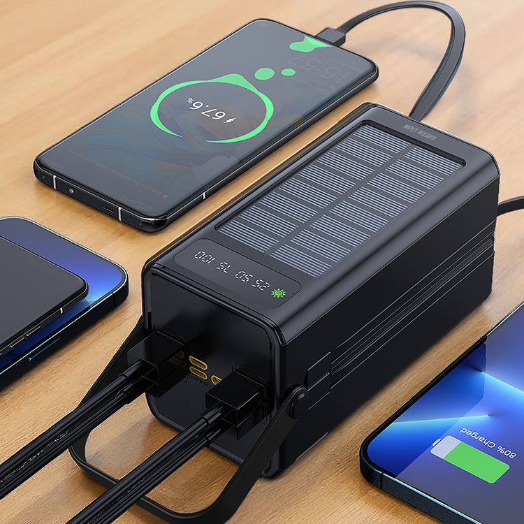 Green Lion Solar X 60000mAh Power Bank with QC 22.5W, PD 20W, Type-C & Micro & Lightning & USB-A Cables, 4× USB-A, Micro, Lightning, USB-C Ports, ABS & PC Material, SOS & Steady Flash Modes, Multiple Protection, Portable Handle, Digital Display - Black