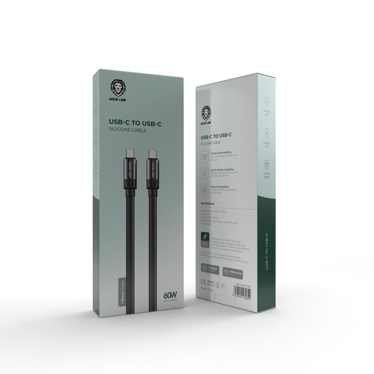 Green Lion Silicone USB-C to USB-C Cable with 1m Length, Fast Charge & Data Sync, Tangle-Free Design, 480Mbps Transfer Speed, 60W Power Delivery, Wide Compatibility, Secure & Safe - Black