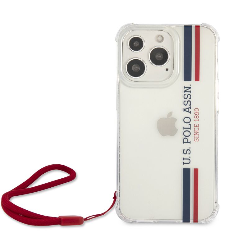 CG MOBILE U.S. Polo Assn. PC/TPU USPA Stripes Logo Shiny Case with Anti-Lost Red Nylon Cord Compatible for iPhone 13 Pro (6.1") Anti-Scratch, Easy Access to All Ports