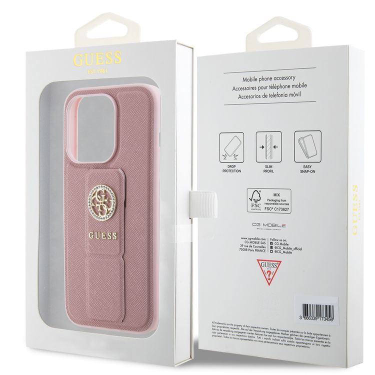 Guess Gripstand Saffiano Case with 4G Strass Metal Logo - Pink - iPhone 15 Pro