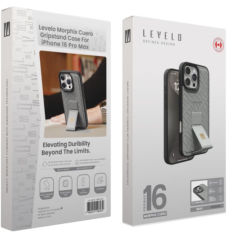 كفر حماية ليفيلو مورفيكس كويرو بمسند لهاتف آيفون 16 برو ماكس، قبضة مدمجة، سهل التركيب، زوايا مقاومة للصدمات - رمادي