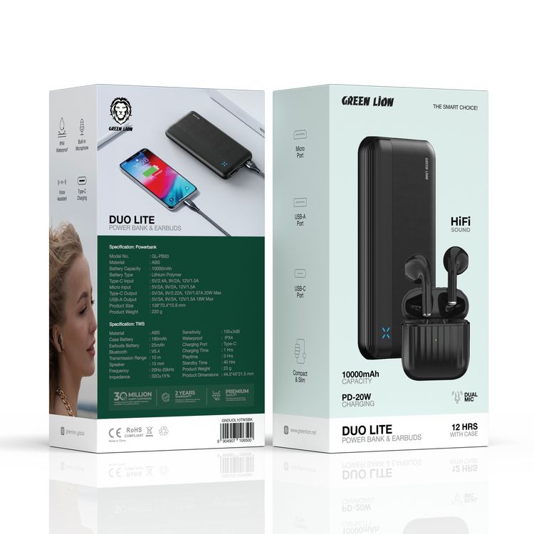Green Lion Duo Lite Power Bank and TWS Earbuds Combo Pack, 10000mAh Power Bank, USB-C/ USB-A/ and Micro Ports, Compact and Slim, Voice Assistant, IPX4 Water Resistant, Built-in Microphone, Lithium Polymer Power Bank Battery Type, 3 Hours Earbuds Play Time, 1 Hour Earbuds Charging Time - Black
