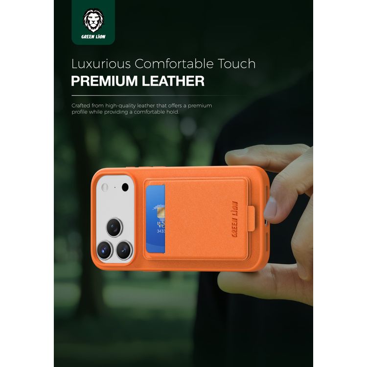 Green Lion Regal MagSafe Leather Case with Card Holder for iPhone 17 Pro, Anti-Fingerprint, Foldable Stand, Camera Protection, Comfortable Grip, Anti-Scratch, Shock Absorption - Orange