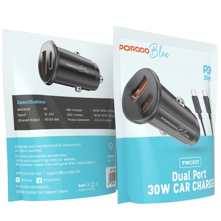 Porodo Blue Dual Port 30W Car Charger with Type-C to Type-C Cable, USB-C & USB-A Ports, 15W Shared Output, Polycarbonate Material - Black