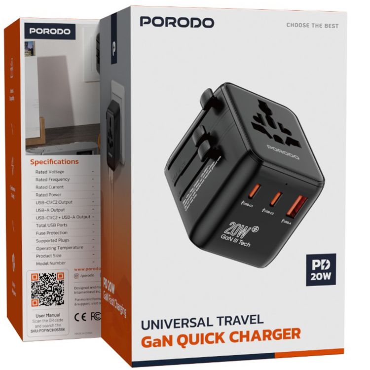 Porodo Universal Travel GaN Quick Charger, 2 USB-C & 1 USB-A Ports, UK/ EU/ US & AU Plug Supported, Universal Compatibility, Simultaneous Charging - Black