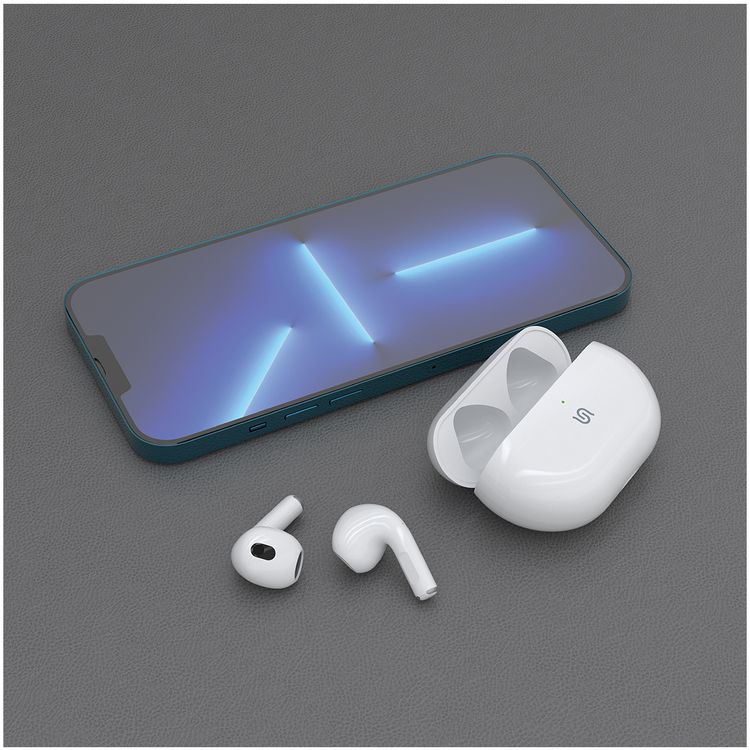 Porodo Soundtec Sense True Wireless Stereo Earbuds with High-Clarity Microphone, Siri Enabled, Perfect Fit, Touch Control, Patented Design, Compact and Lightweight - White