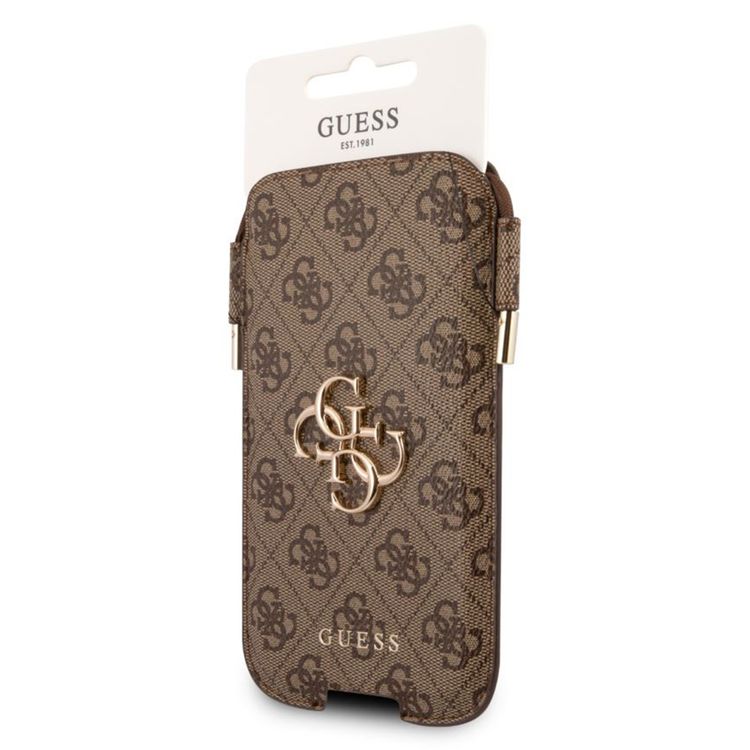 Guess 4G Script Crossbody Phone Pouch for iPhone 12 Pro ( 6.1" ) with Adjustable Neck Cord Lanyard Strap, Synthetic Leather Material - Brown