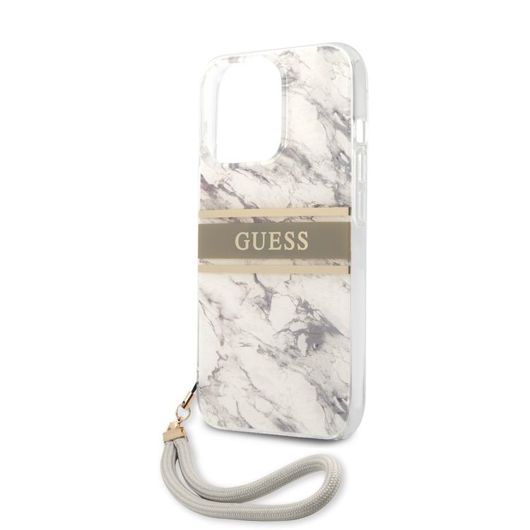 CG MOBILE Guess PC/TPU Case Marble Design & Stripe with Anti-Lost Nylon Strap for iPhone 13 Pro (6.1") Back Cover Suitable with Wireless Chargers Officially Licensed Gray