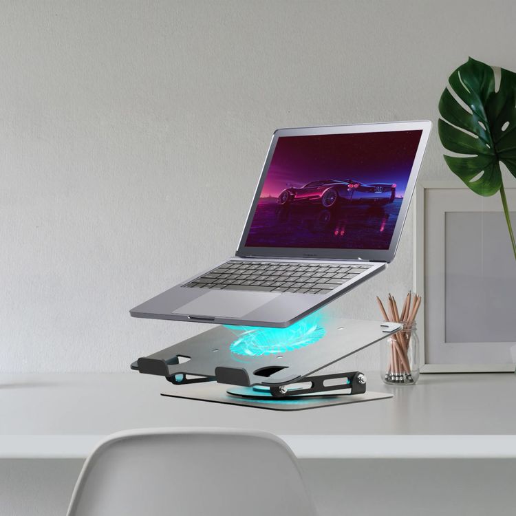 حامل الكمبيوتر المحمول القابل للتعديل من جرين ليون مع مروحة تبريد، سعة وزن تصل إلى 8 كغم، تصميم متوافق بشكل واسع ليتناسب مع مختلف أحجام أجهزة الكمبيوتر المحمول - أسود