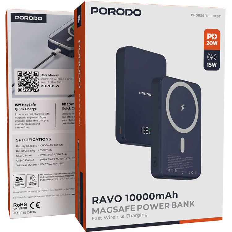 بورودو ماج سيف باور بانك 10000mAh مع منفذ إدخال وإخراج Type-C، شحن لاسلكي 15W وشحن PD بقدرة 20W، مؤشر بطارية LED، تصميم مدمج ومحمول - أزرق