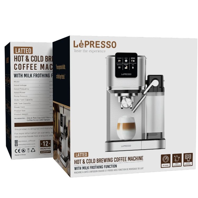 LePresso Hot & Cold Brewing Coffee Machine with Intuitive Touch Control Panel, 1350W Rated Power, 1L Milk Tank Capacity & 1.2L Water Tank Capacity, Milk Frothing Function, UK 3-Pin Plug - Silver