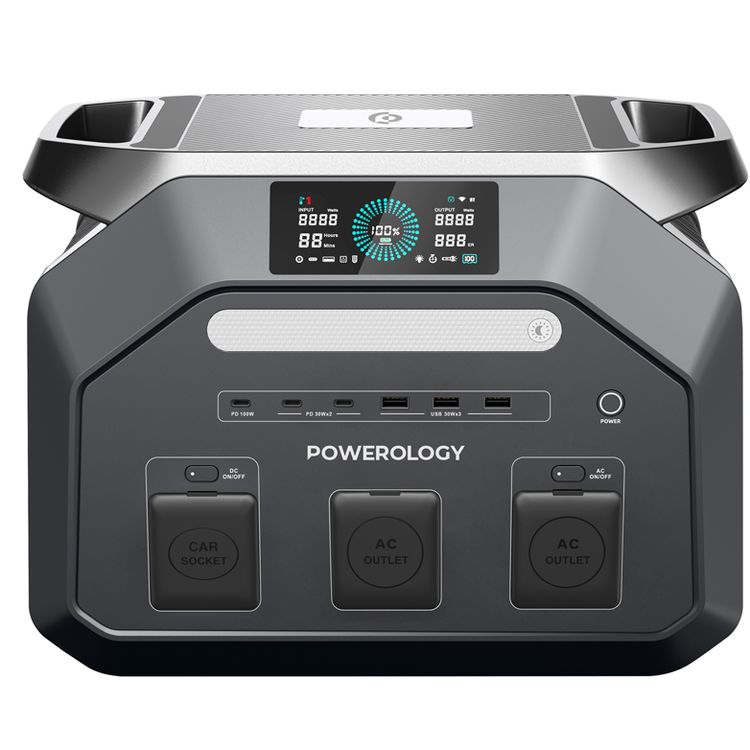 Powerology 1800W Portable Power Station with Flashlight, PD 100W, Carry-Handle, Solar Charger, 1.2 Hours Fast Charging Time, ×3 USB-C, ×3 USB-A, Car Socket, ×2 AC Outlet & DC Ports, Easy-Access Storage, Smart LCD Screen - Black