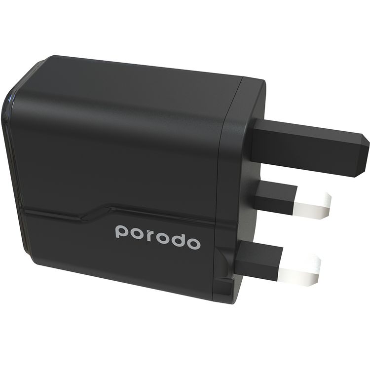 Porodo Dual Port Wall Charger with 20W Power Delivery, QC 18W, Fire Retardant Material, Overcurrent Protection, UK 3-Pin Plug, Built-in Protective Mechanisms - Black