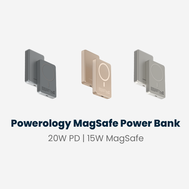 Powerology 10000mAh MagSafe Aluminum Power Bank with Battery Level Indicator, Lightweight & Compact Design, Fast & Simultaneous Charging, Type-C Input & Output, 15W Wireless Output - Gray