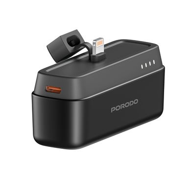 Porodo 5000mAh Power Bank with Lightning Connector, 20W Power Delivery, Small & Portable, 0% to 60% Charge in 35 Minutes, Pocket-Sized - Black